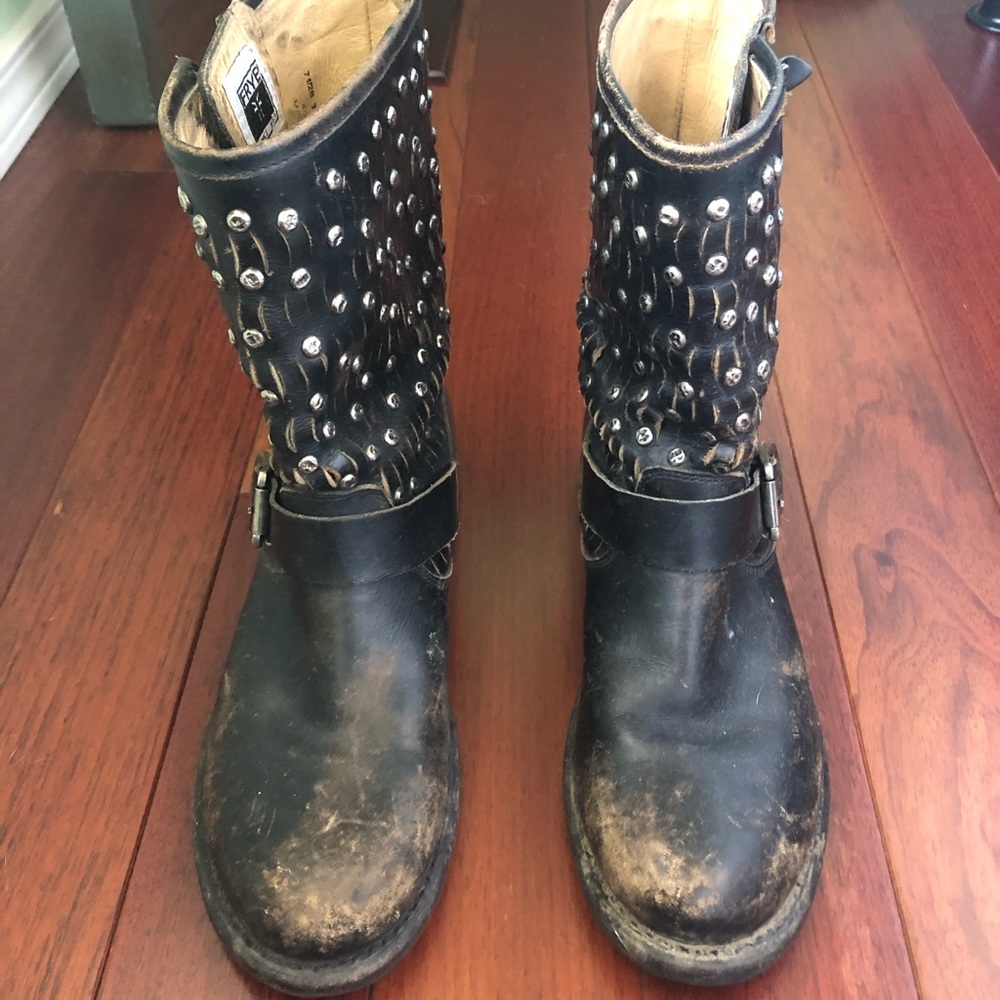 Frye Black Studded Leather Combat Boots